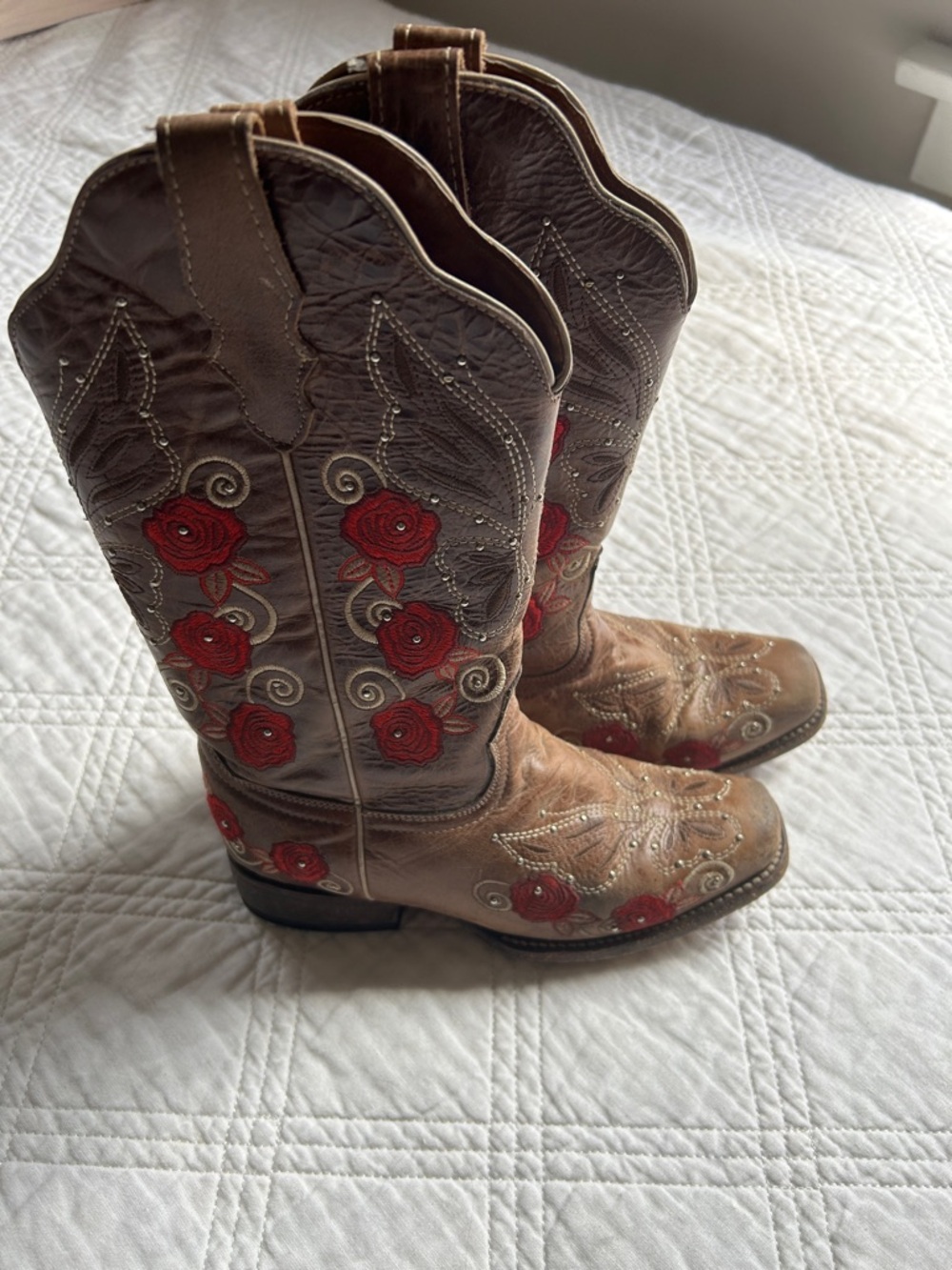 Brown Leather Cowboy Boots with Red Rose Embroidery
